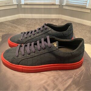 Croc-Embossed Navy and Red Sneakers